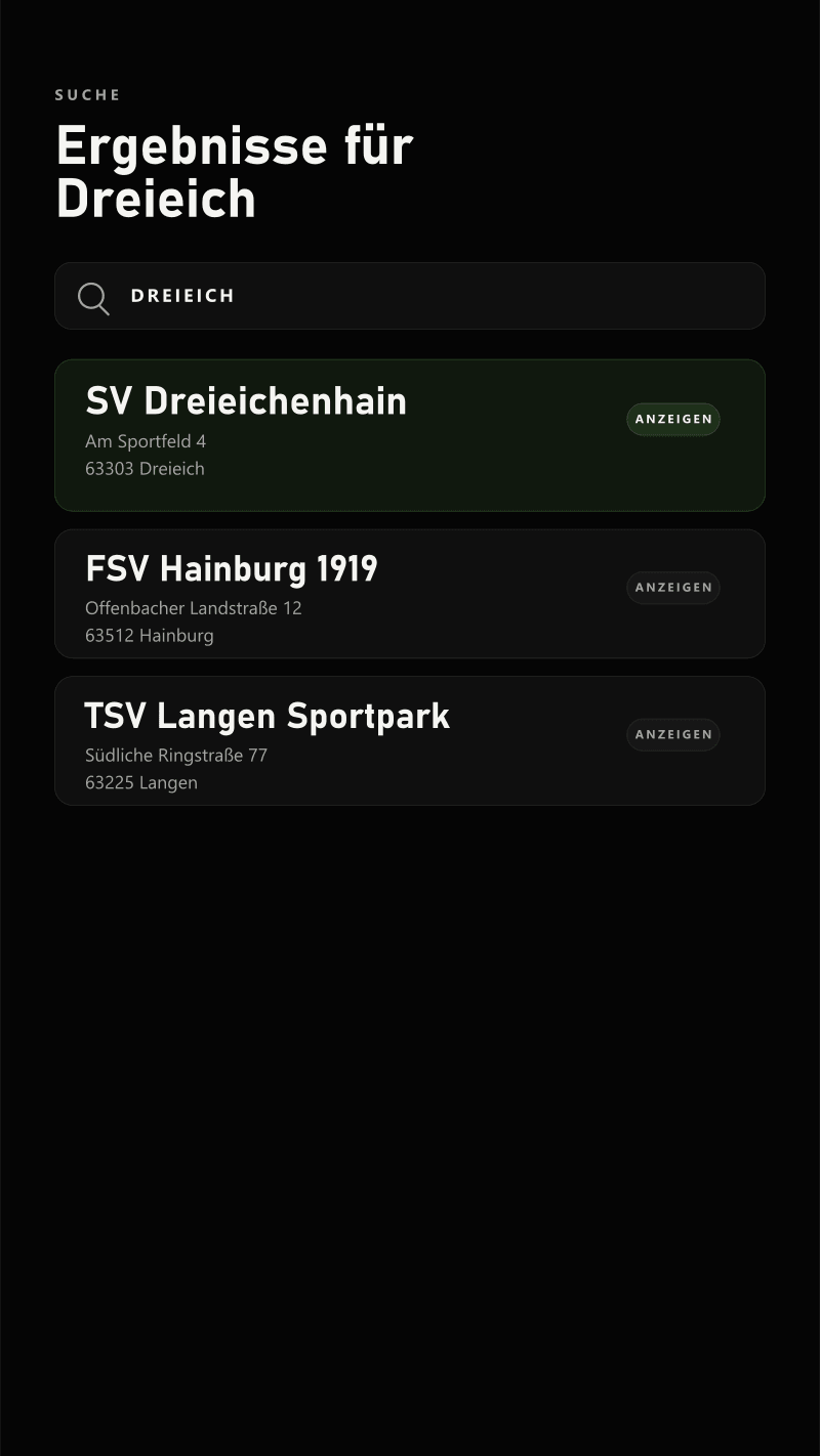 Suche nach einem Verein mit Ergebnisliste