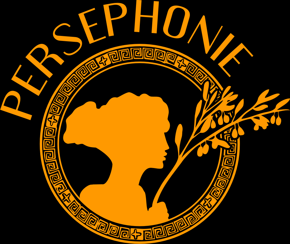 Das Zeichen in Orange auf Schwarz: Persephone im Profil mit Olivenzweig, umschlossen von einem griechischen Mäander, darüber der Schriftzug Persephonie